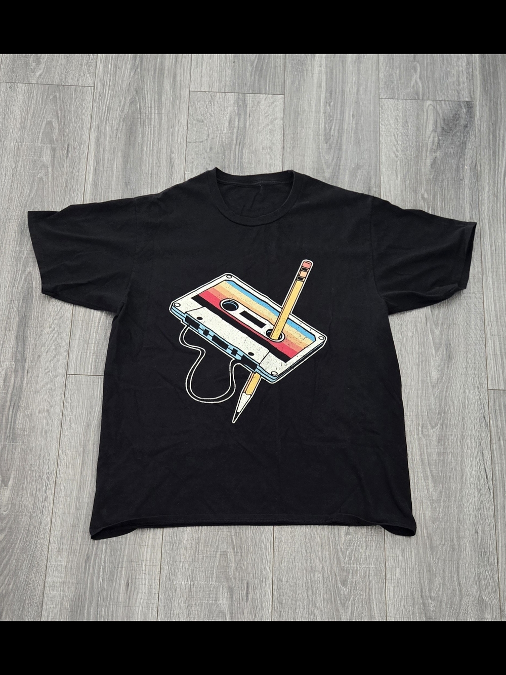 Retro Cassette Tape Pencil Graphic T Shirt Black Men’s Medium 80s 90s Style